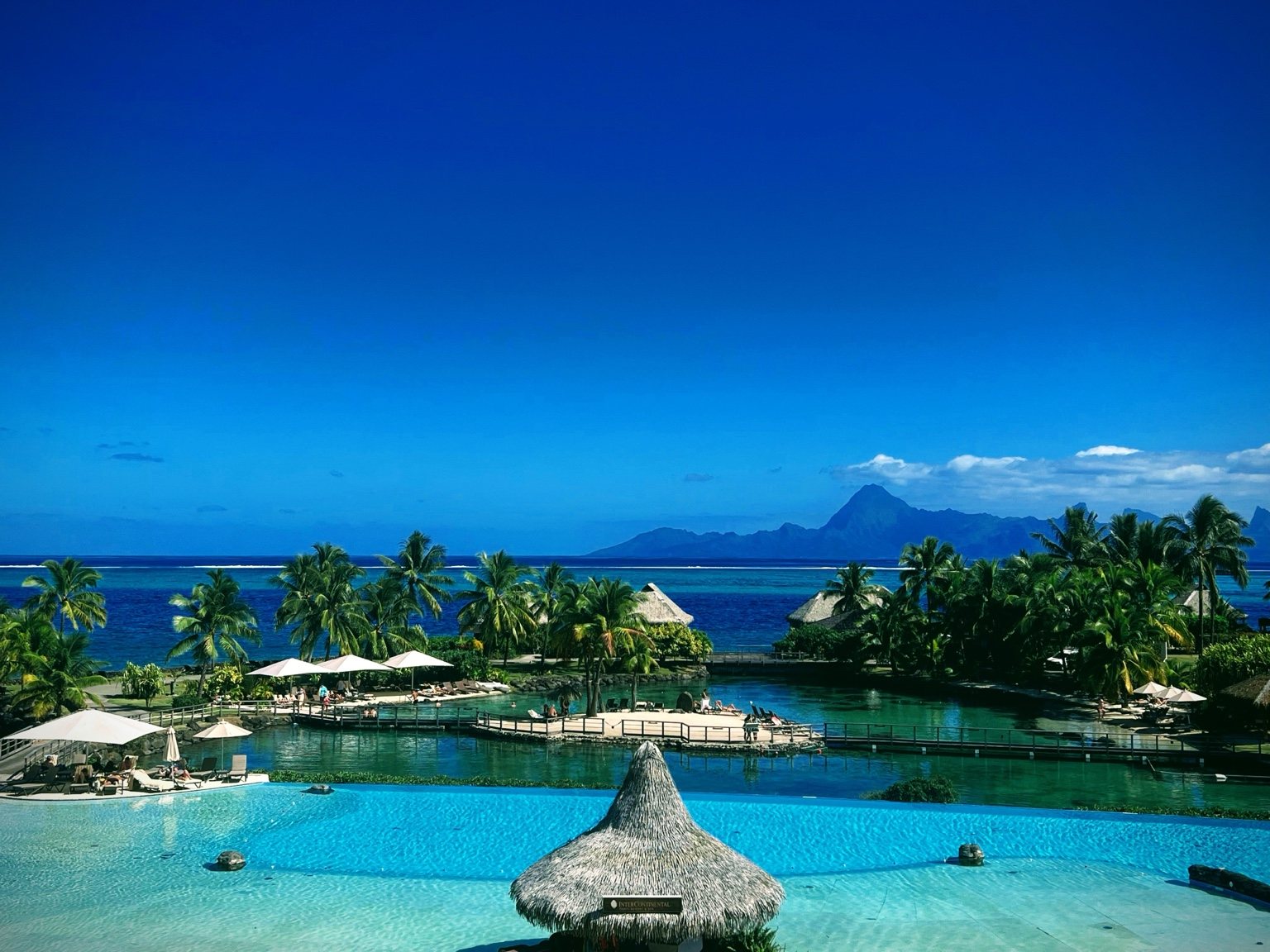 Blue ocean view with tiki hut at the bottom