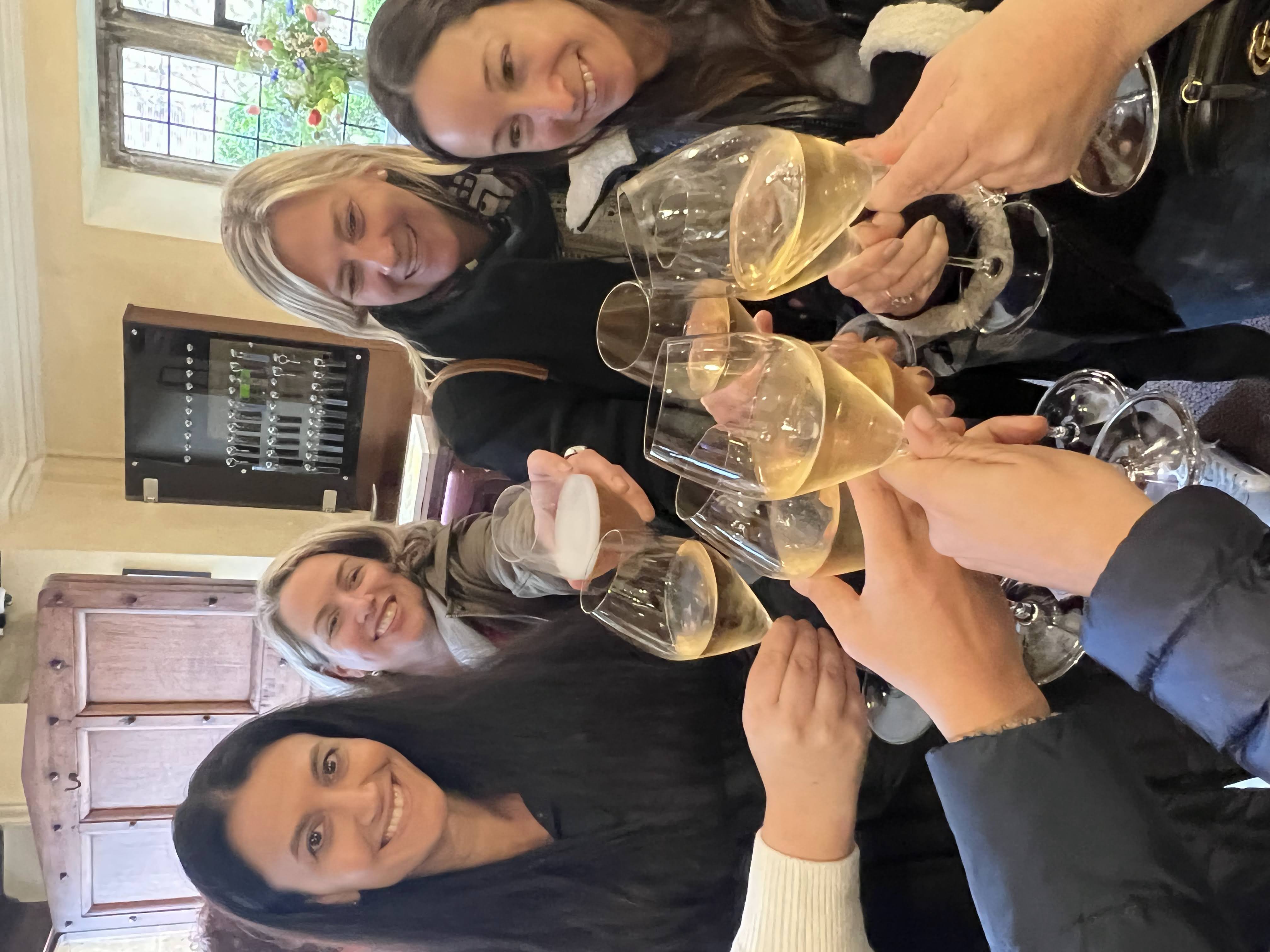 Travel group raising glasses together during a shared trip