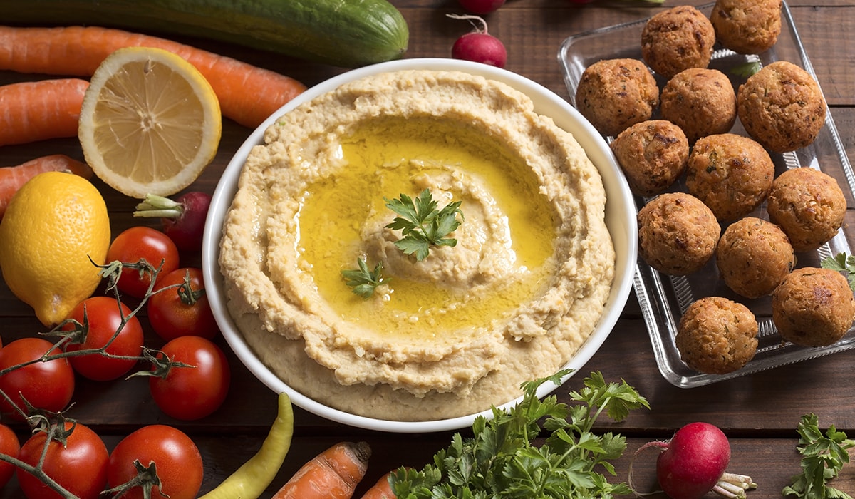 Israeli food with hummus and falafel